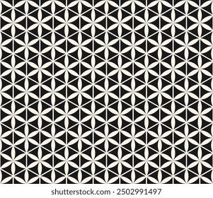 Vector monochrome seamless pattern. Abstract floral geometric ornament. Black and white background with flower silhouettes, curved lines, hexagonal grid, lattice. Simple repeated decorative geo design