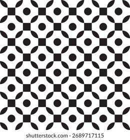 Vector monochrome seamless pattern. Abstract black and white texture, simple geometric figures, smooth lines, circles, repeat tiles. Endless background