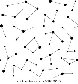 Vector monochrome seamless pattern, abstract background with lines & circles, black & white geometric texture. Illustration of constellations, sky map. Simple design for tileable print, fabric, web