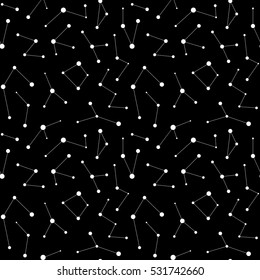 Vector monochrome seamless pattern, abstract geometric background with lines & dots, black & white. Illustration of constellations, sky map, starry space. Design for tileable print, fabric, wrapping
