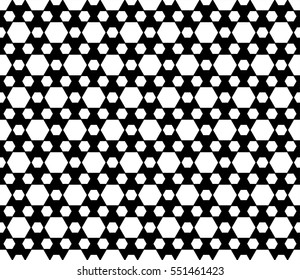 Vector monochrome seamless pattern, abstract endless black & white geometric background. Simple modern wallpaper with different sized hexagons. Repeat tiles. Design for decor, textile, furniture, web.