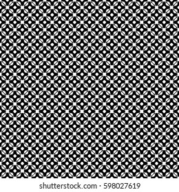 Vector monochrome seamless pattern. Abstract black & white geometric texture, simple floral figures, rounded lattice, repeat tiles. Endless dark background, design for decoration, prints, furniture 