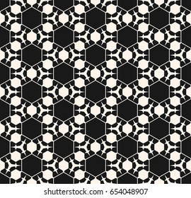 Vector monochrome seamless pattern. Abstract dark geometric background. Delicate linear texture with prickly figures, triangles, hexagons. Subtle hexagonal grid. Design element for prints, digital