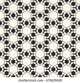 Vector monochrome seamless pattern. Abstract geometric background. Delicate linear texture with prickly figures, triangles, hexagons. Subtle hexagonal grid. Repeat design element for prints, decor
