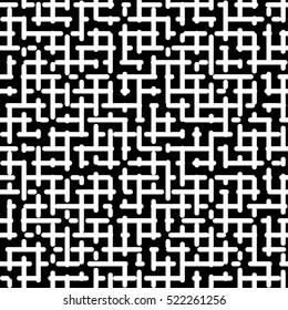 Vector monochrome seamless pattern, black & white geometric texture. Simple illustration of labyrinth, maze. Abstract dark endless background. Design for prints, fabric, textile, wrapping, digital