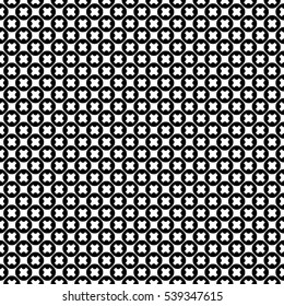 Vector monochrome seamless pattern, black & white endless minimalist texture, simple abstract repeat background with circles & crosses. Geometric tiles. Design for prints, textile, decor, furniture 