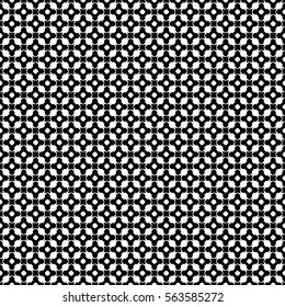 Vector monochrome seamless pattern, black & white repeat ornament texture, endless wallpaper. Abstract mosaic background with simply geometric figures, flowers, cubes, circles. Stylish design element