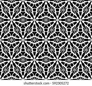Vector monochrome seamless pattern, black & white mosaic, geometric texture, repeat tiles. Abstract geometrical background with frostwork, snowy figures. Stylish design for print, decor, textile, web