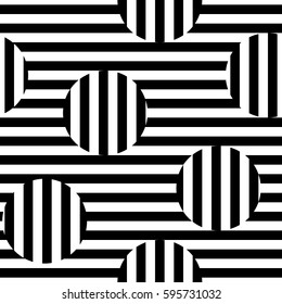 Vector monochrome seamless pattern. Black & white striped texture. Visual illusion effect, horizontal and vertical lines. Trendy abstract design, urban pop style. Element for decor, textile, prints 
