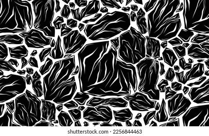 Vector monochrome seamless pattern with broken stones. Earthquake and destruction. Texture with black smashed rocks with cracks on white background for wallpaper and fabric. Natural disaster.