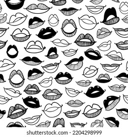 Vector Monochrome seamless pattern with contour sketch sexy lips on white background. Illustration of beauty sexy lips pattern, sketch female fashion