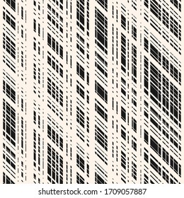 Vector monochrome seamless pattern with cross lines, stripes, grid, lattice, mesh, net. Simple plaid texture. Stylish abstract black and white background. Repeat design for fabric, print, wallpapers