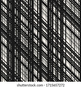 Vector monochrome seamless pattern with cross lines, stripes, grid, lattice, mesh, net. Simple tartan plaid texture. Stylish abstract black and white background. Repeat design for fabric, print