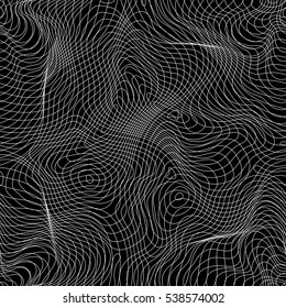 Vector monochrome seamless pattern, curved lines, black & white background. Dark abstract dynamical rippled surface, visual halftone 3D effect, illusion of movement. Design for prints, digital, web 