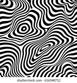 Vector monochrome seamless pattern, curved lines, striped black & white background. Abstract dynamical rippled texture, 3D visual effect, illusion of movement, curvature. Pop art design, repeat tiles