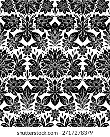 Vector monocromo sin patrón con flores decorativas y hojas sobre fondo blanco. Estilo ornamental detallado del arte popular para el Fondo de pantalla, la materia textil y el papel de embalaje.