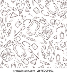 Vetor monocromático padrão sem costura com produtos de beleza diferentes. Perfume, batons, caixas de presente gráfico fundo infinito. Os cosméticos decorativos repetem no esboço da Linha. Dia das mulheres de papel de embrulho.