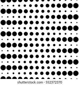 Vector monochrome seamless pattern, different sized circles & dots, black & white, horizontal rows. Modern simple endless background. Trendy repeat geometric texture for your designs, prints, decor.