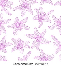 Vector monochrome seamless pattern drawing lily flowers