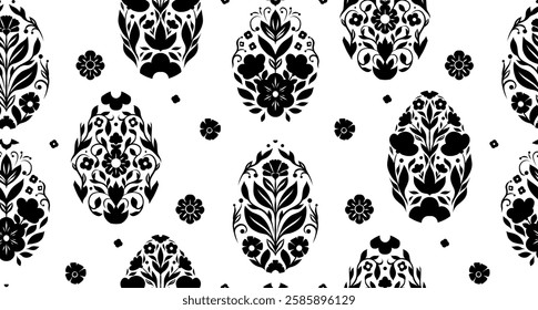 Vector monochrome seamless pattern with Easter eggs in folk art style. Texture with silhouette of decorative holiday eggs. Wallpaper with spring treats with floral ornament for fabrics