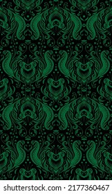 Patrón monocromo sin fisuras vectorial con adorno victoriano de silueta esmeralda. Damasco verde vintage sobre fondo negro.  Textura floral de lujo con follaje y remolinos para papeles y telas