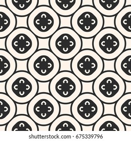 Vector monochrome seamless pattern, floral tiling geometric texture with simple figures, flowers, circles, circular lattice. Abstract repeat background. Design for decor, textile, fabric, furniture
