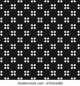 Vector monochrome seamless pattern, floral geometric background with small quatrefoil flower silhouettes. Simple black abstract texture, repeat tiles. Design element for decor, package, covers, cloth