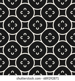 Vector monochrome seamless pattern, floral tiling geometric texture with simple flower silhouettes in circular lattice. Dark abstract repeat background. Design for decoration, textile, fabric, covers
