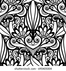 Vector Monochrome Seamless Pattern with Floral Ornament. Hand Drawn Texture with Swirls, Doodle Flowers and Leaves, Deco Elements