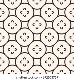 Vector monochrome seamless pattern, floral tiling geometric texture with simple flower silhouettes in circular lattice. Abstract repeat background. Design element for decor, textile, fabric, furniture