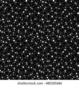 Vector monochrome seamless pattern, geometric background texture with linear triangles & circles. Illustration of atomic structure, net. Design for tileable print, wallpaper, fabric, textile, digital
