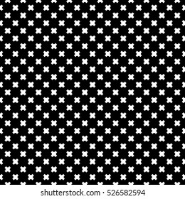Vector monochrome seamless pattern, geometric minimalist texture, white crosses on black backdrop. Modern abstract endless simple background. Design element for prints, decor, digital, web, textile