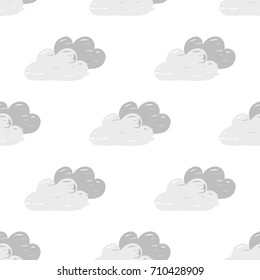 Vector monochrome seamless pattern with gray hand drawn sketchy clouds isolated on a white background