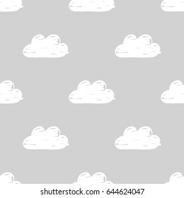 Vector monochrome seamless pattern with hand drawn clouds on a gray background 
