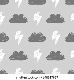 Vector monochrome seamless pattern with hand drawn clouds and lightning on a gray background 