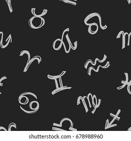 Vector monochrome seamless pattern with hand drawn zodiac signs on a dark background