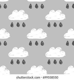 Vector monochrome seamless pattern with hand drawn sketchy clouds and raindrops on a gray background