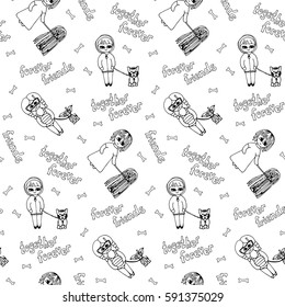 Vector monochrome seamless pattern with kids and dogs