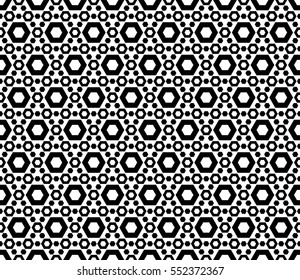 Vector monochrome seamless pattern. Modern geometric texture with simple figures, perforated hexagons. Repeat tiles. Black & white abstract mosaic background. Design for prints, decoration, textile.