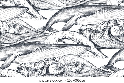 Vector monochrome seamless pattern with ocean waves and whales in sketch style. Underwater world. Hand drawn graphic endless background.