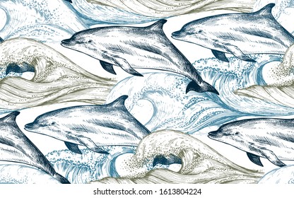 Vector monochrome seamless pattern with ocean waves and dolphins in sketch style. Underwater world. Hand drawn graphic endless background