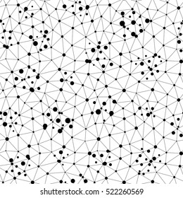 Vector monochrome seamless pattern. Repeat abstract background with thin lines, chaotic dots. Digital dynamical surface, net illustration. Black & white endless texture. Design for prints, decoration