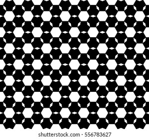 Vector monochrome seamless pattern, repeat ornamental background, geometric tiles. Abstract dark endless backdrop. Illustration of football ball texture. Design for prints, decoration, textile, fabric