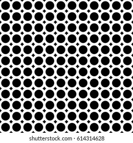 Vector monochrome seamless pattern, repeat geometric tiles, background with circles & rings. Simple abstract endless texture. Retro 90's design. Element for printing, textile, furniture, cover, web