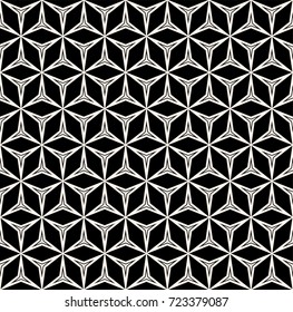 Vector monochrome seamless pattern, repeat geometric texture, black & white linear triangle shapes, rhombuses. Geometrical lines, grid, net, lattice. Modern abstract background. Dark design element