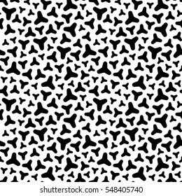 Vector monochrome seamless pattern, rounded figures, black geometric spots on white background, chaotic rotation. Abstract repeat texture for prints, decoration, textile, wallpaper, identity, digital 