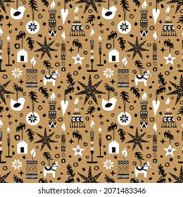 Vector monochrome seamless pattern in scandinavian folk style on transparent background. Perfect for christmas craft wrapping paper.