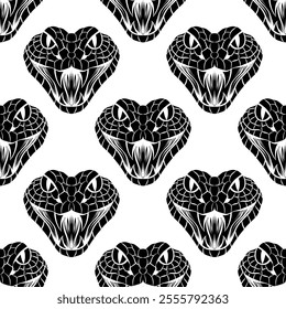 Vector monochrome seamless pattern with silhouette of evil snake on white background. Surface design with serpents for wallpaper and fabric. Texture with symbol of 2025 Chinese New Year.