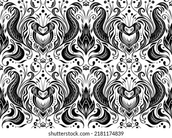 Patrón monocromático sin fisuras de vectores con adorno victoriano de silueta. Damasco de tracería de color blanco y negro. Textura floral con follaje y remolinos para papeles y tejidos