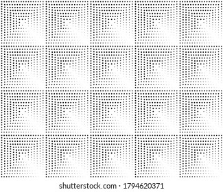 Vector monochrome seamless pattern, simple geometric texture with dotted shapes, flash, stippling, halftone crosses. Abstract repeat background. Funky design element for decor, prints, textile, fabric